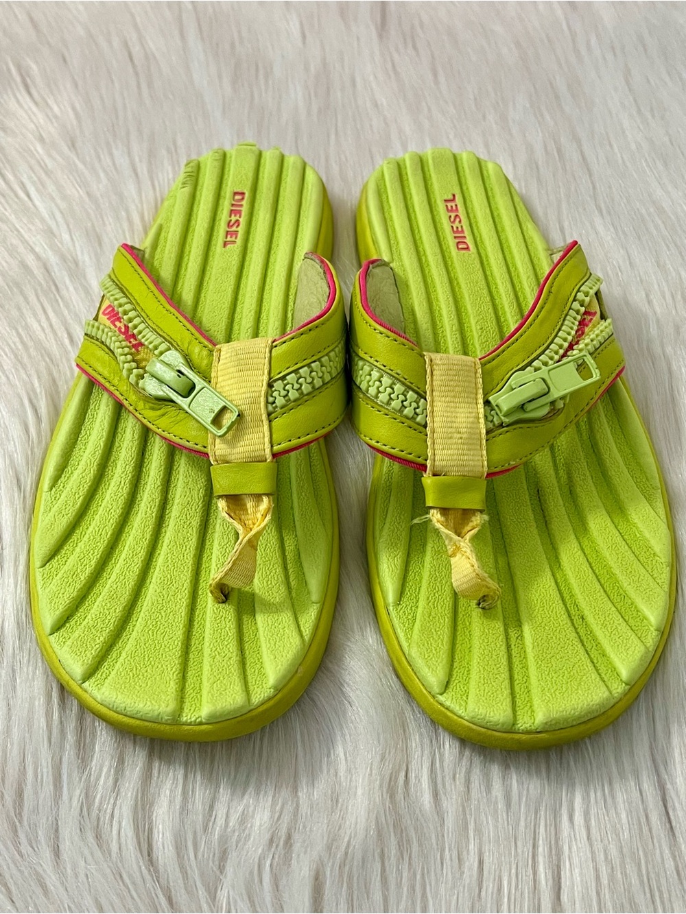 Diesel Neon Yellow Green and Pink Women's Zipper Slide Sandals Y2K